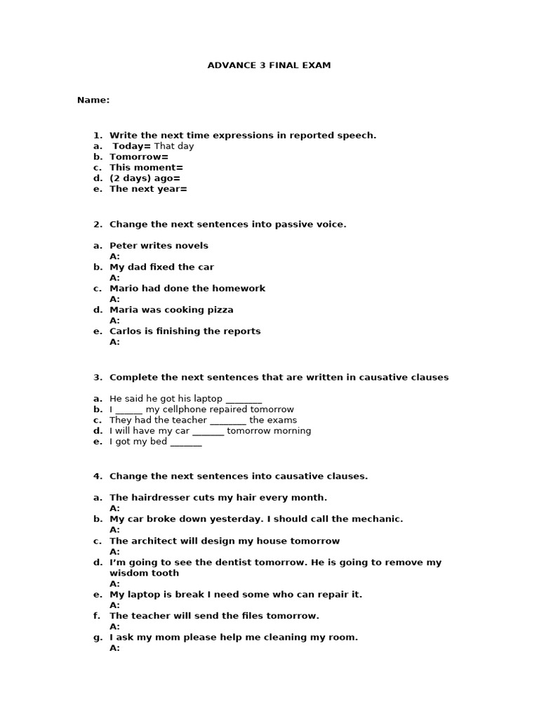 Advance 3 Final Exam Practice | PDF