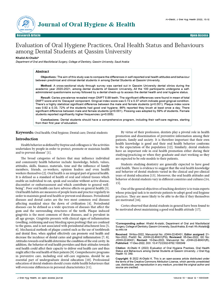 Evaluation of Oral Hygiene Practices Oral Health Status and Behaviours ...