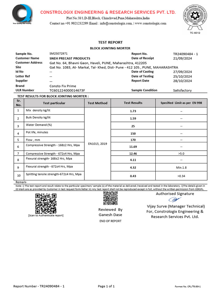 Block Jointing Mortar Test Report | PDF | Applied And Interdisciplinary ...