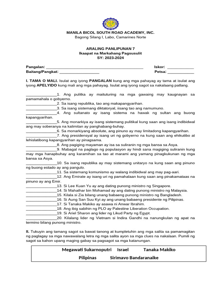 4th Periodical Exam AP 7 2023 2024 | PDF