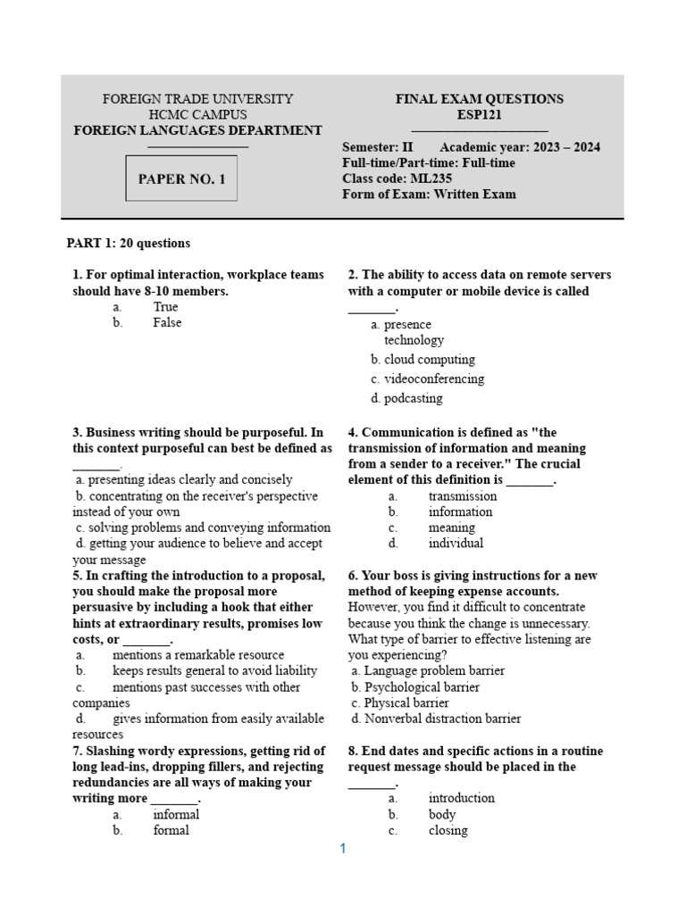 ESP121 Final Exam Questions 2023-24 | PDF | Information | Communication