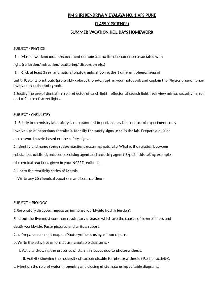 Class X Summer Homework: Science Projects | PDF