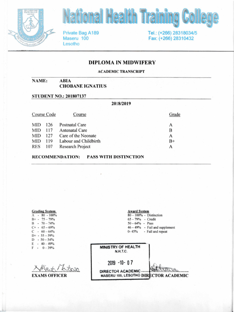 Diploma in Midwifery Transcript | PDF