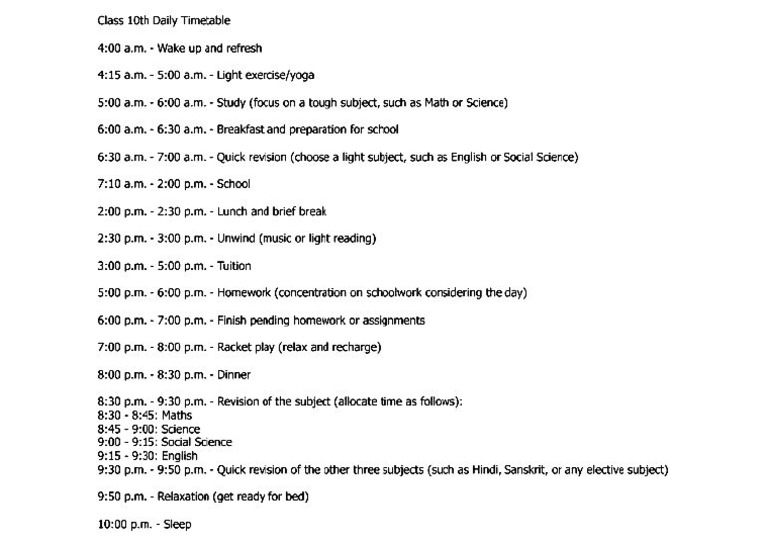 Time Table of Class 10th | PDF
