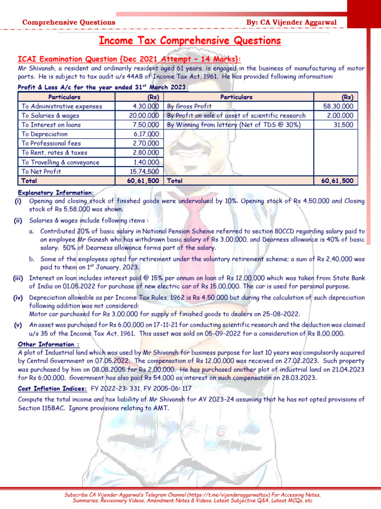 Income Tax Comprehensive Questions: ICAI Examination Question (Dec 2021 ...