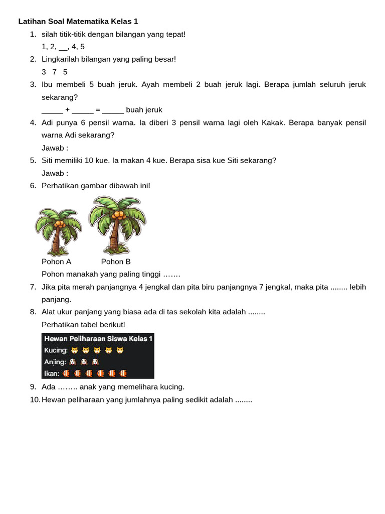 Soal Matematika Kelas 1 SD | PDF