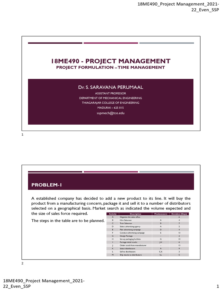 18ME490 - Project Management - Time Management - CPM - Handout | PDF ...