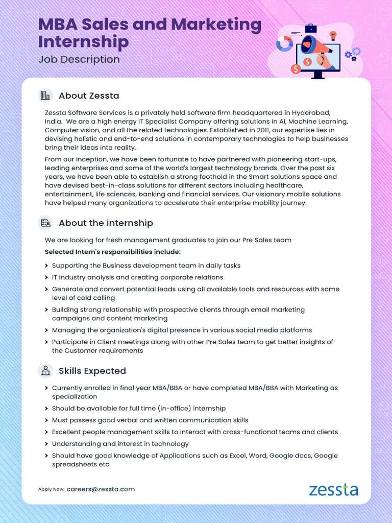 JD - MBA Sales and Marketing Internship - ZESSTA | PDF
