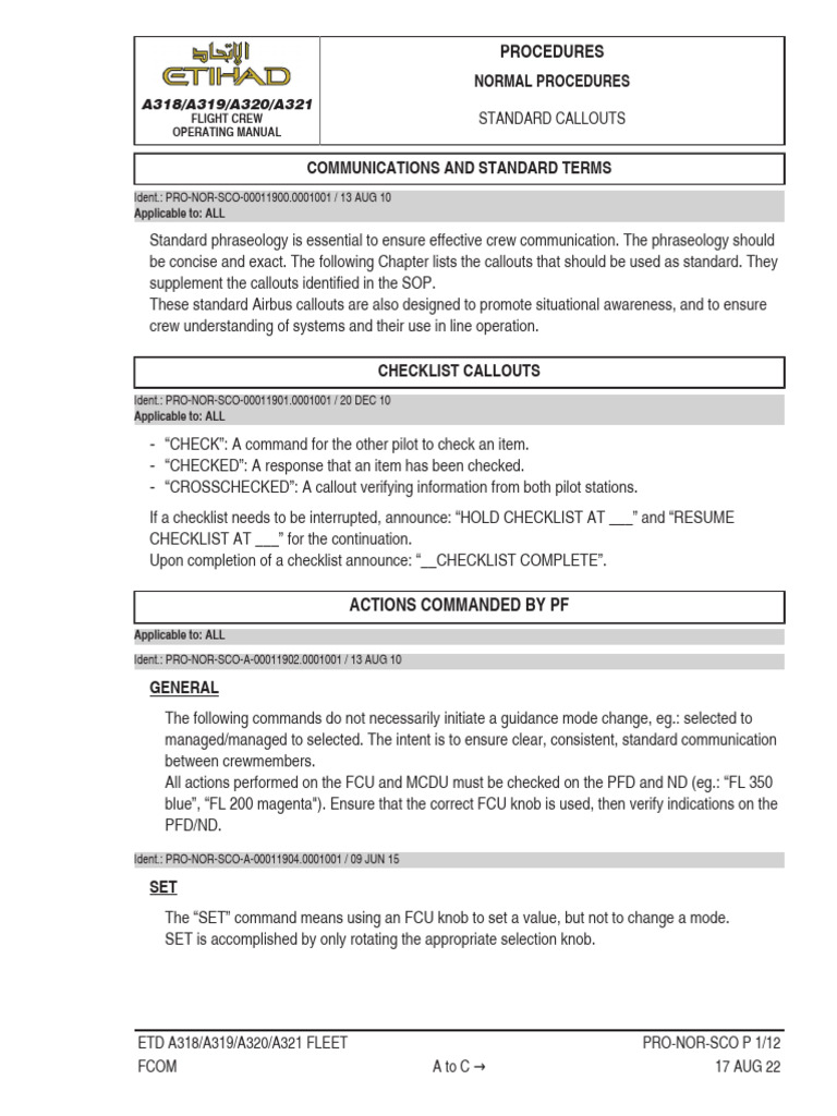 EAT A320 FCOM - Standard Call Outs - 2023 | PDF