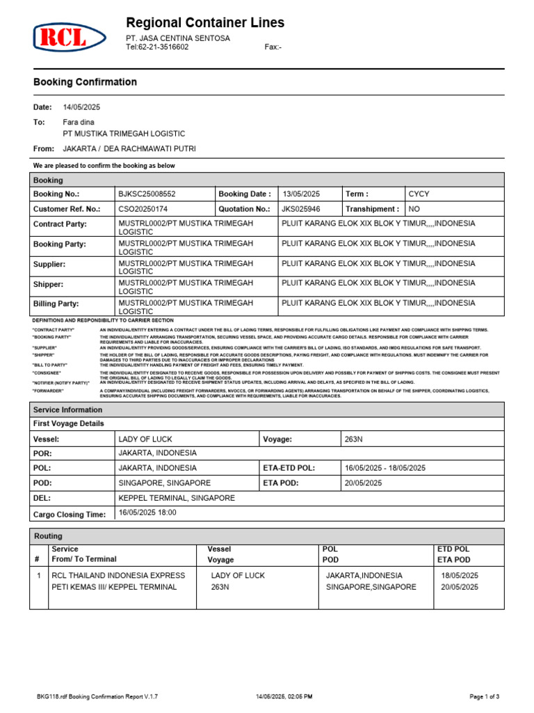 RCL Booking Confirmation Report 2025 | PDF | Cargo | Bill Of Lading