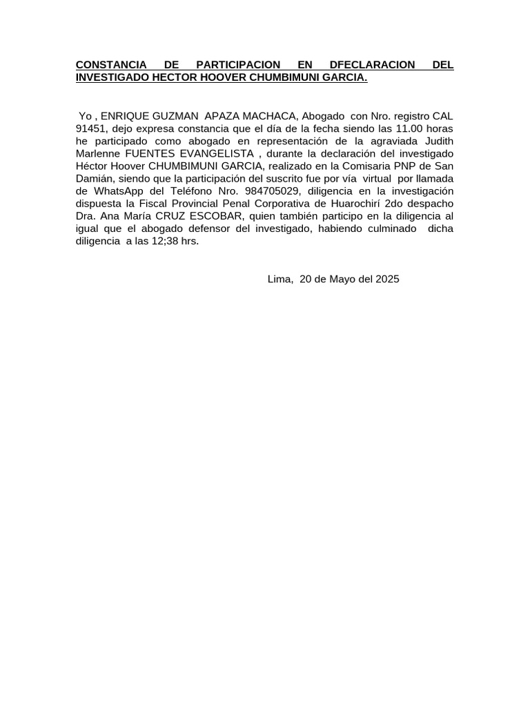 Constancia de Participación Legal en Diligencia | PDF