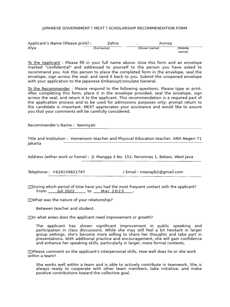 MEXT Scholarship Recommendation Form | PDF | Leadership | Social Psychology