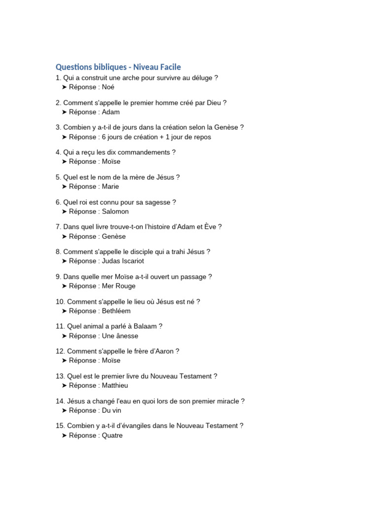 Quiz Biblique : Questions et Réponses | PDF | Livre de la Genèse | Moïse