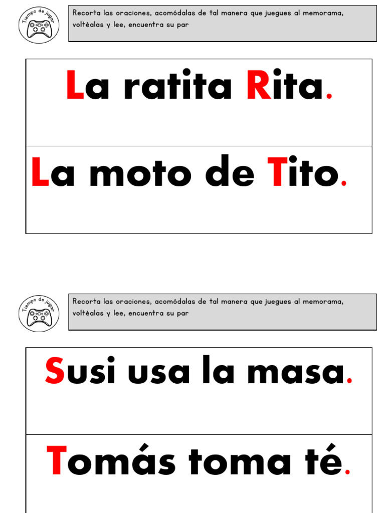 Oraciones para memorama: Tito y moto | PDF