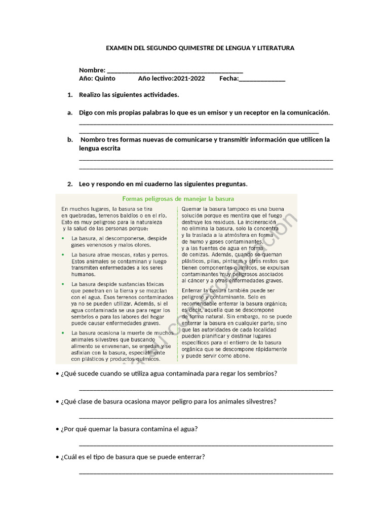 Examen de Lengua y Literatura 5to Grado | PDF
