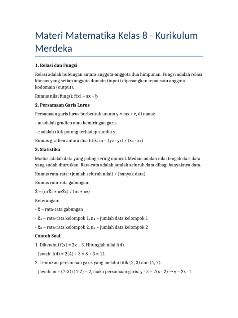 Materi Matematika Kelas 8 Kurikulum Merdeka Pdf
