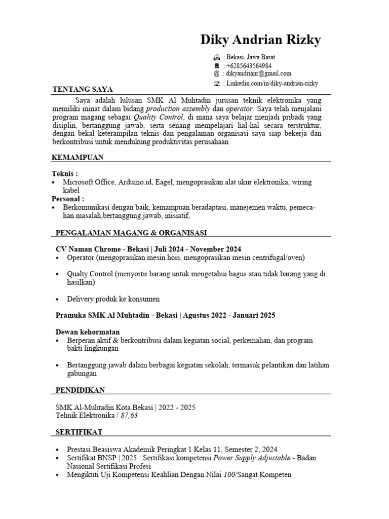 CV Diky Andrian Rizky: Teknik Elektronika | PDF