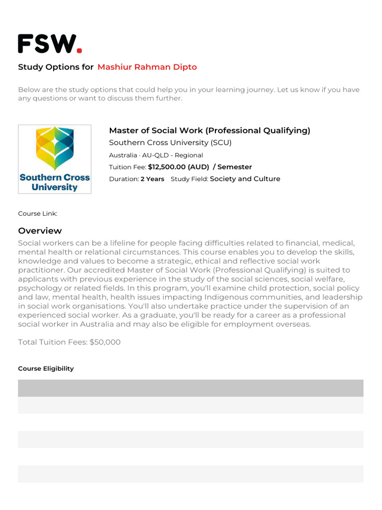 Study Options for Master of Social Work | PDF | Social Work | Bachelor ...