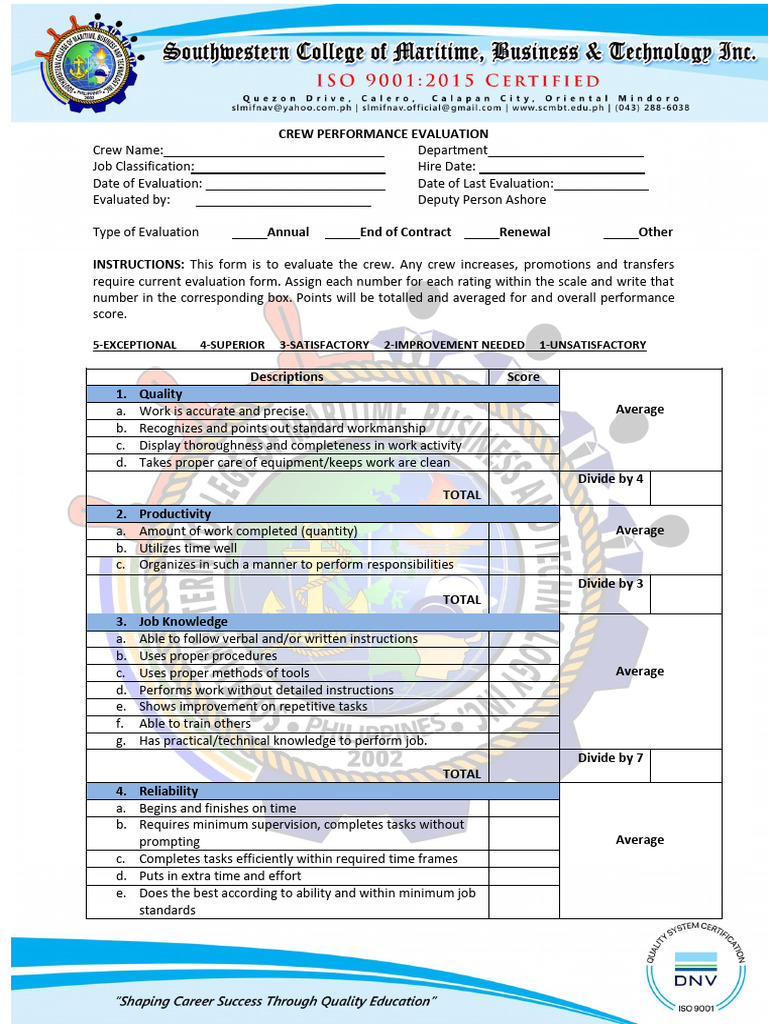 Crew Performance Evaluation Form | PDF | Performance Appraisal | Business