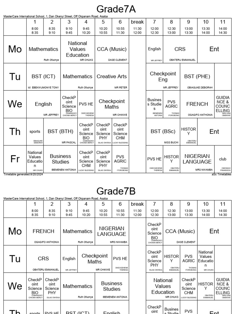 MasterCare School Timetable 2024 | PDF