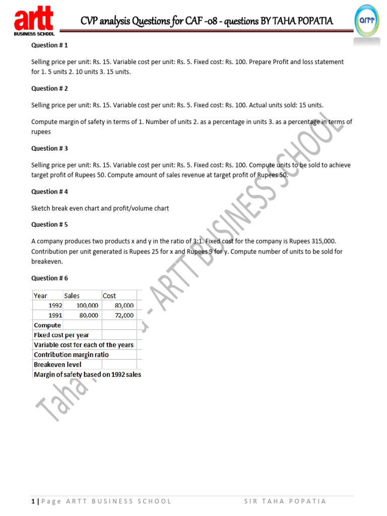 CVP Analysis Questions for CAF-08 | PDF | Management Accounting | Pricing