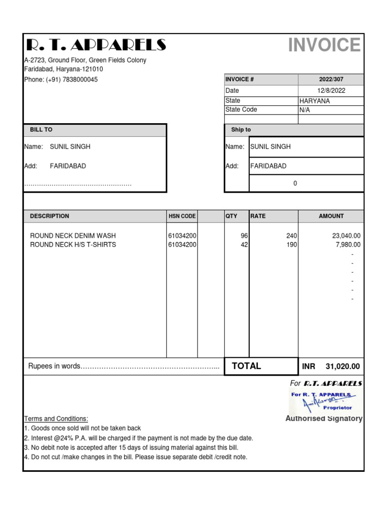 R.T. Apparels Invoice for Sunil Singh | PDF | Money | Payments