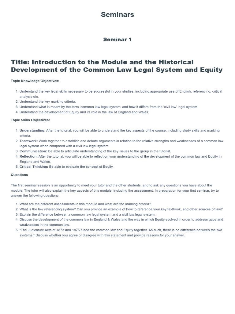 Common Law and Equity Seminar Overview | PDF
