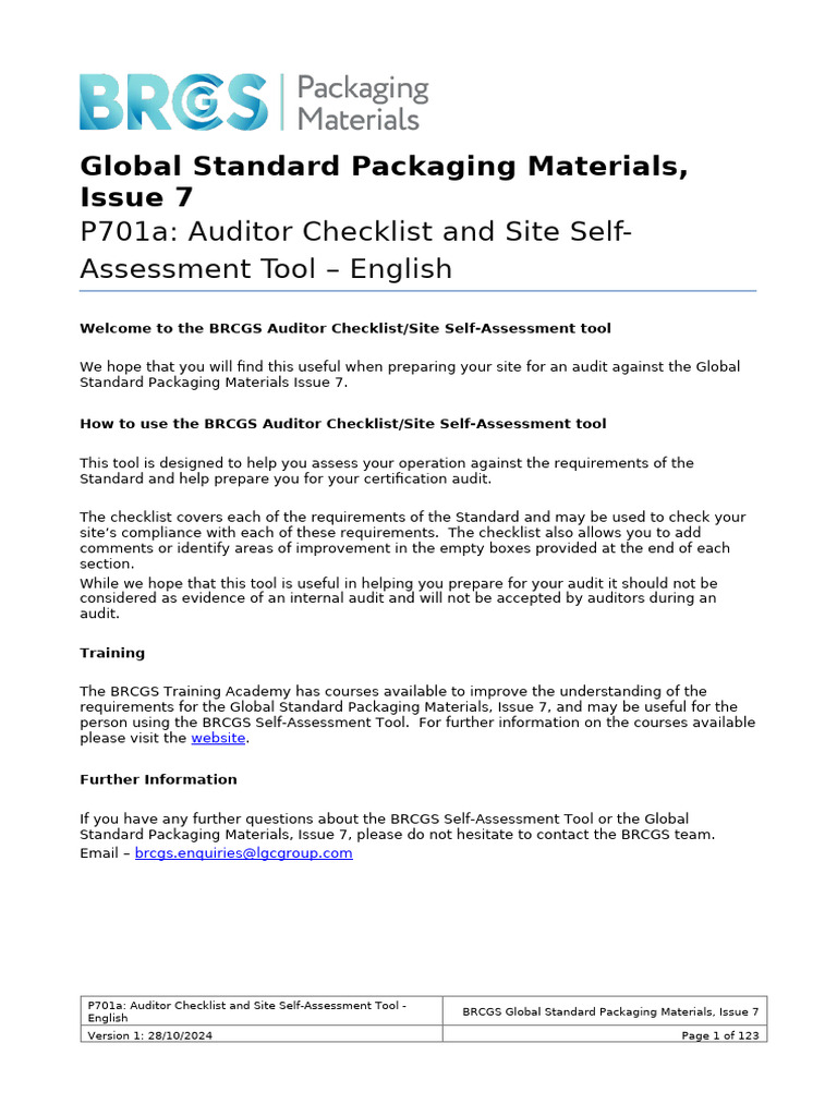 BRCGS Packaging Materials Audit Checklist | PDF | Audit | Safety