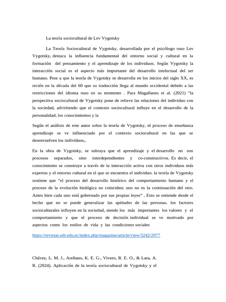 La teoría sociocultural de Lev Vygotsky y la historia | PDF