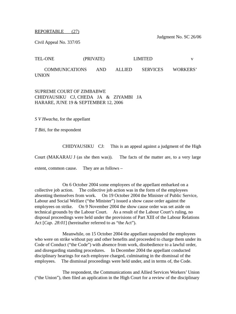 TelOne vs. Workers' Union Appeal Case | PDF | Strike Action | Judgment ...