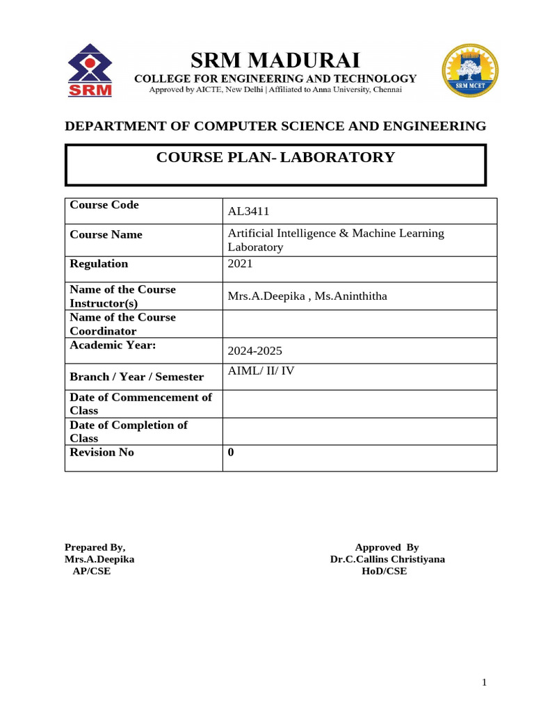 AI & ML Laboratory Course Plan 2024-2025 | PDF | Machine Learning ...