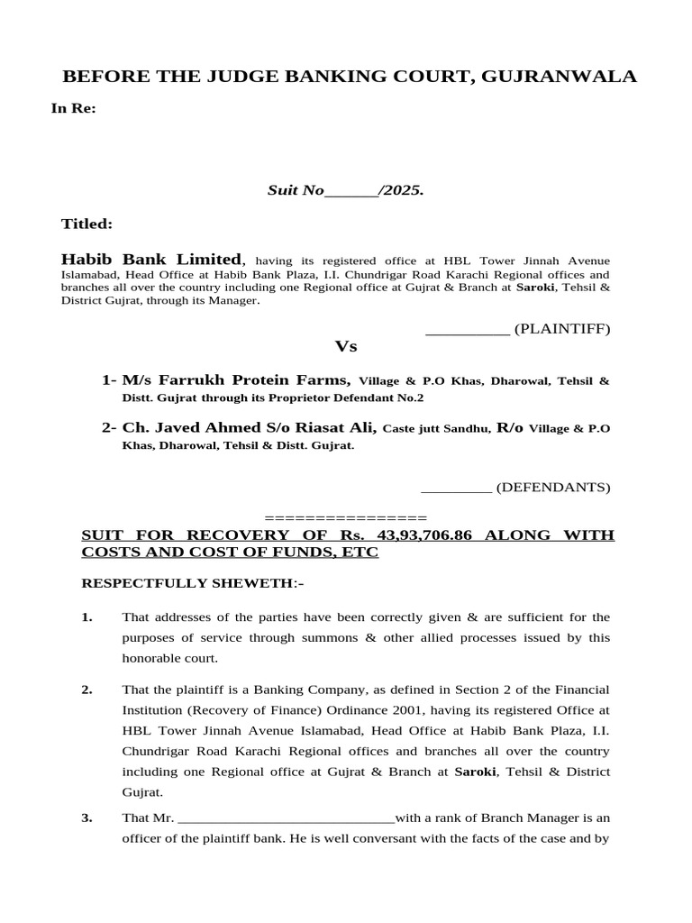 Banking Court Suit: Habib Bank vs. Farrukh Farms | PDF | Lawsuit | Banks