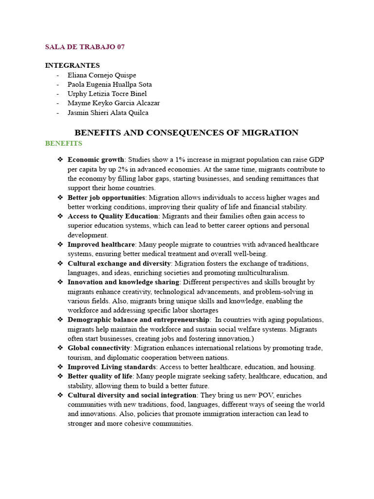 BENEFITS AND CONSEQUENCES OF MIGRATION s7 | PDF | Immigration | Human ...