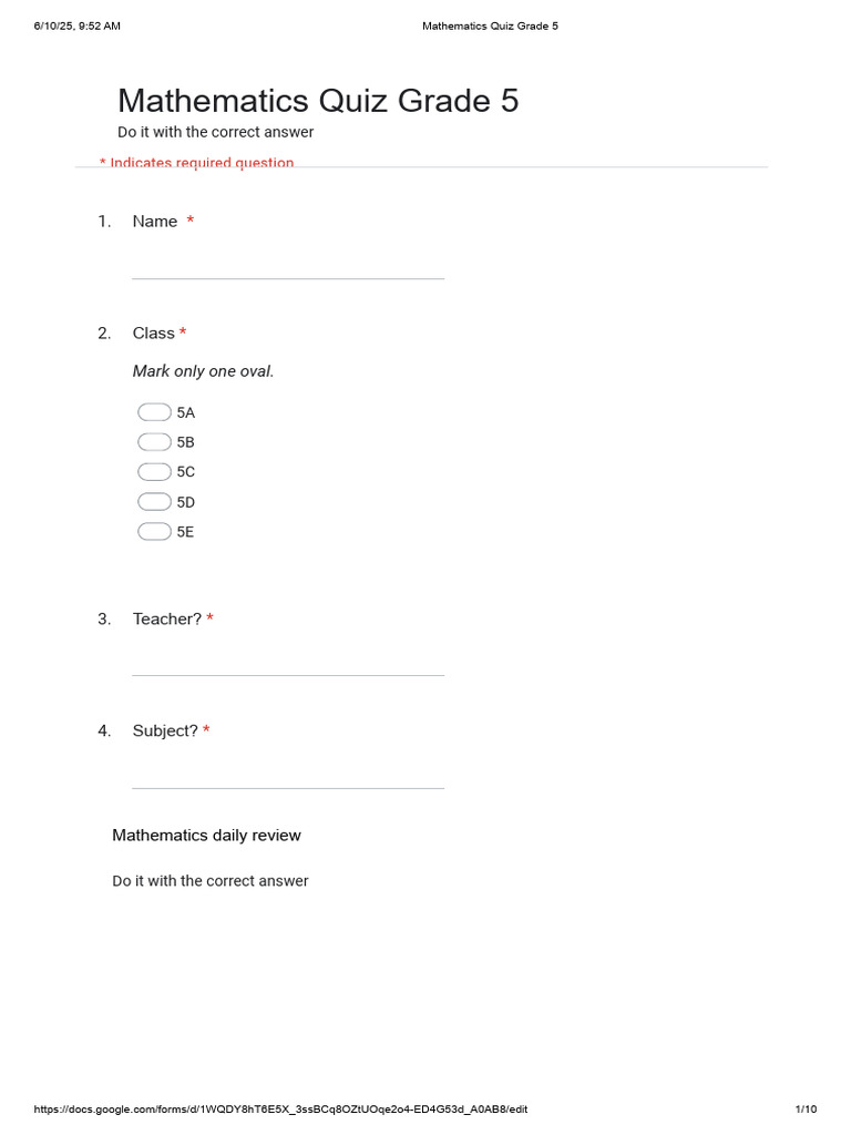 Grade 5 Mathematics Quiz Form | PDF