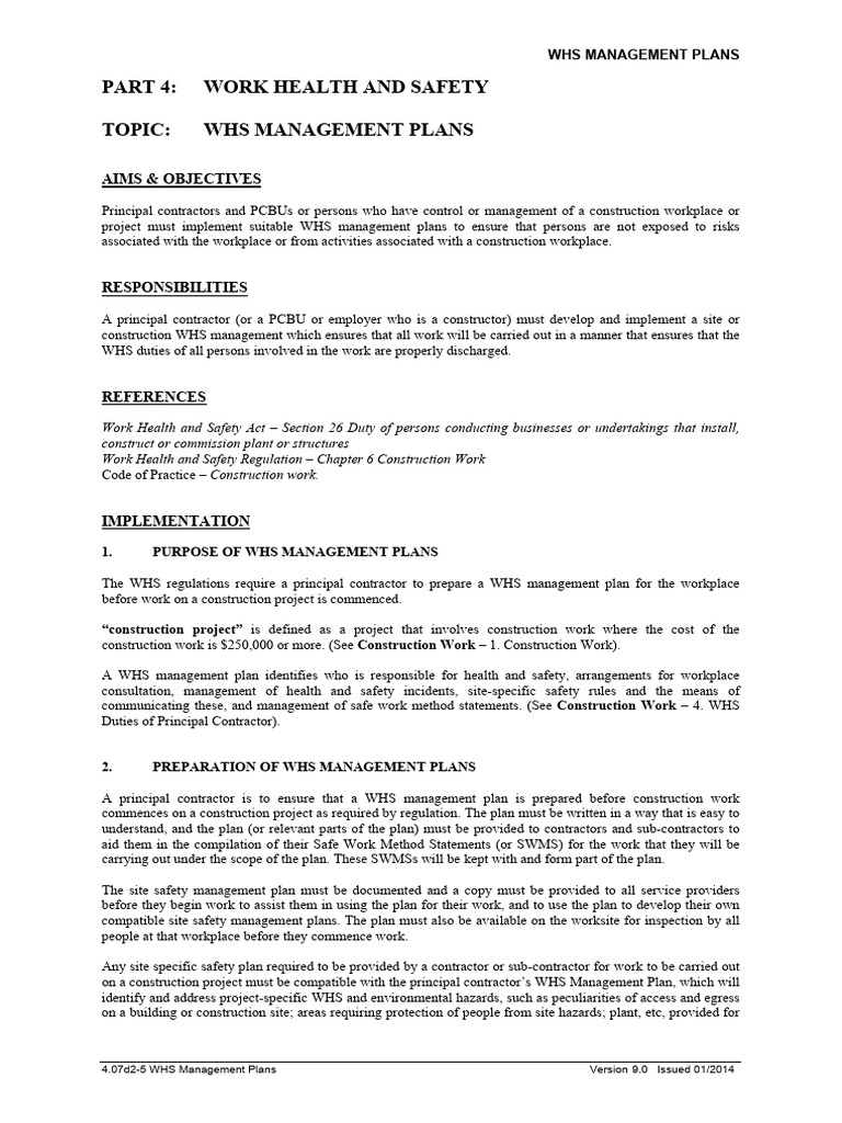 Construction WHS Management Plans Guide | PDF | Occupational Safety And ...