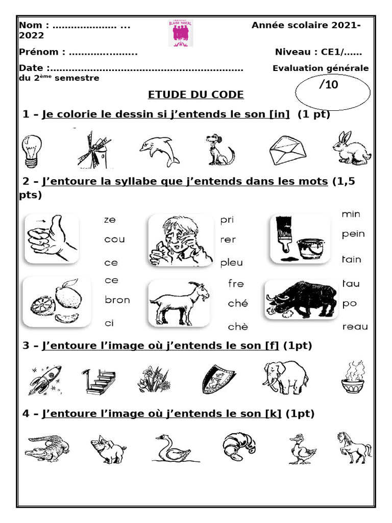 Évaluation CE1 : Étude du Code 2021-2022 | PDF
