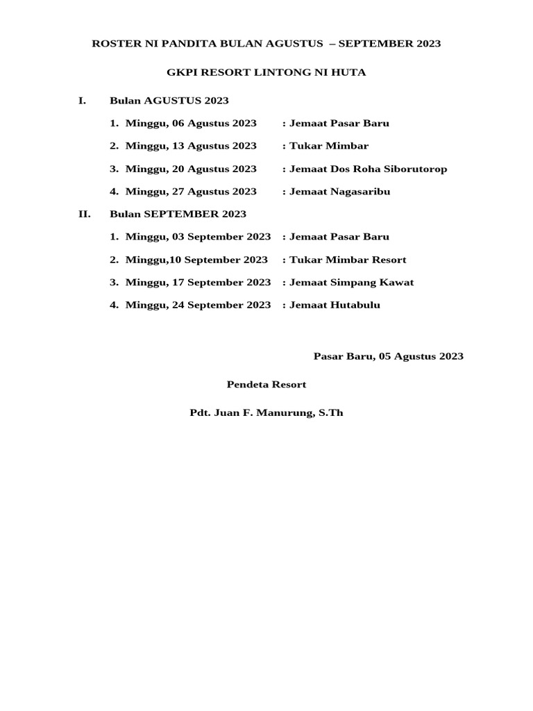 Roster Pandita Agustus-September 2023 | PDF