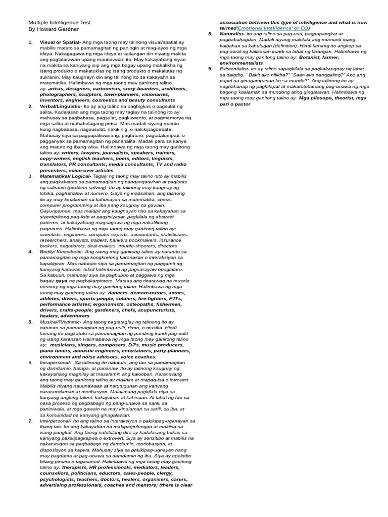 Multiple Intelligence Test | PDF