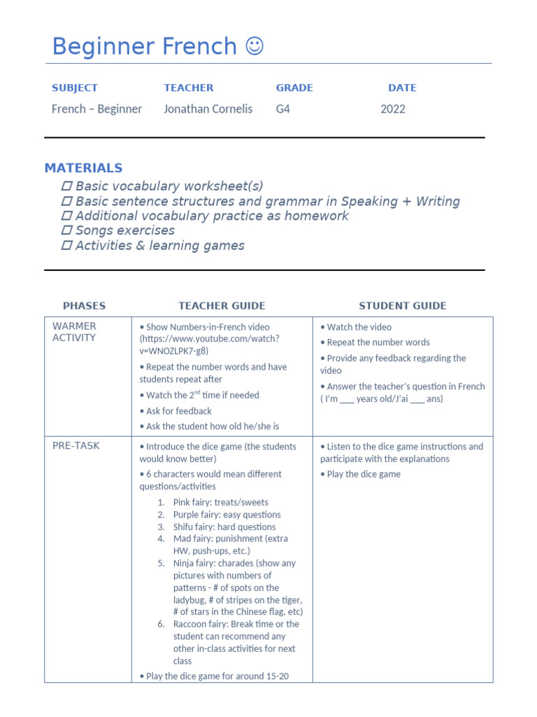 Beginner French Lesson Plan for G4 | PDF | Learning | Human Communication
