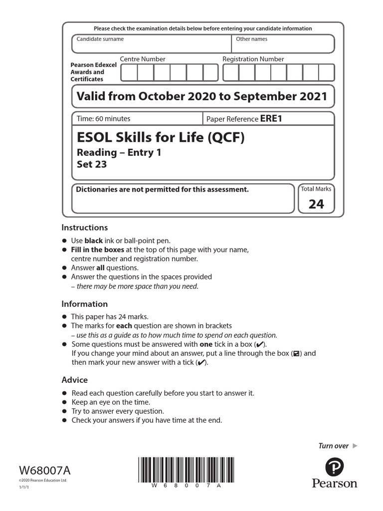 Set 23 Reading Entry 1 - QP | PDF