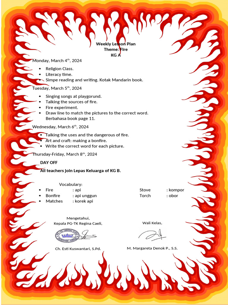 Weekly KG A Lesson Plan: Fire Theme | PDF