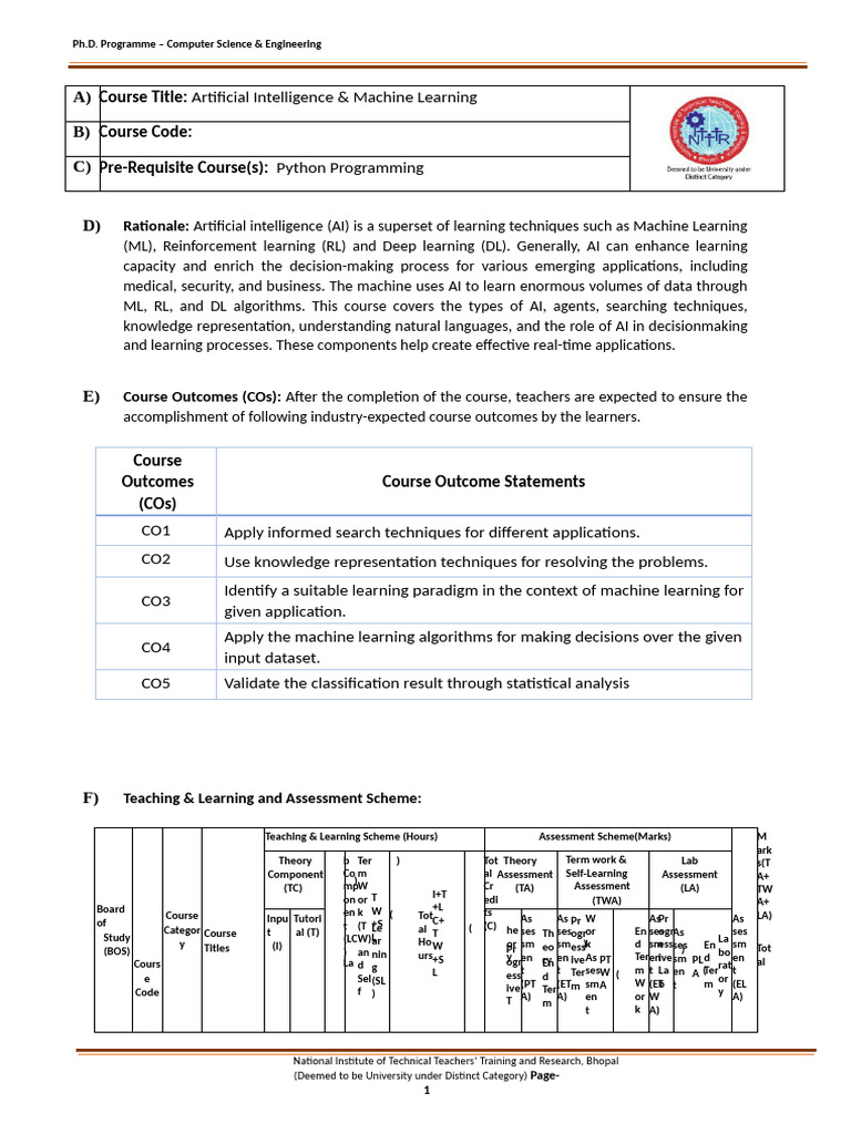 AI & Machine Learning PhD Course Outline | PDF | Machine Learning ...