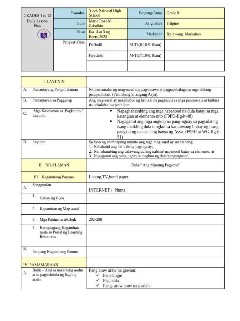 Lesson Plan Sa Fiipino | PDF