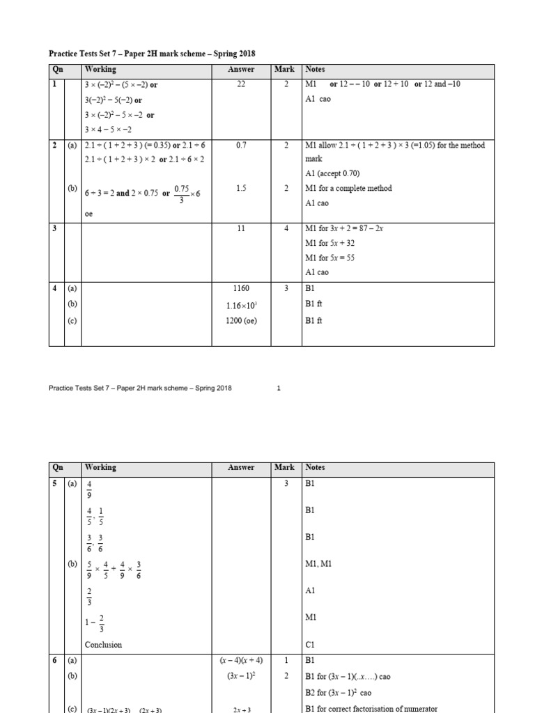 Practice 7 Practice Tests Set 7 - Paper 2H Mark Scheme FINAL | PDF