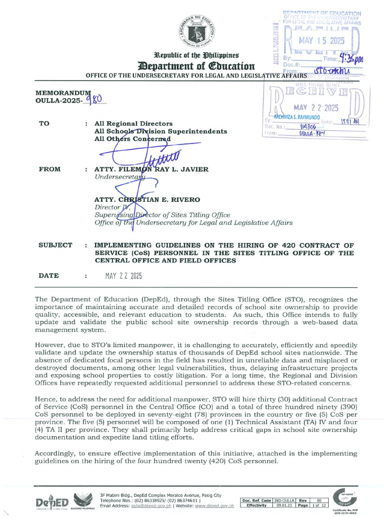 Implementing Guidelines For The Hiring of 420 CoS Personnel With ...