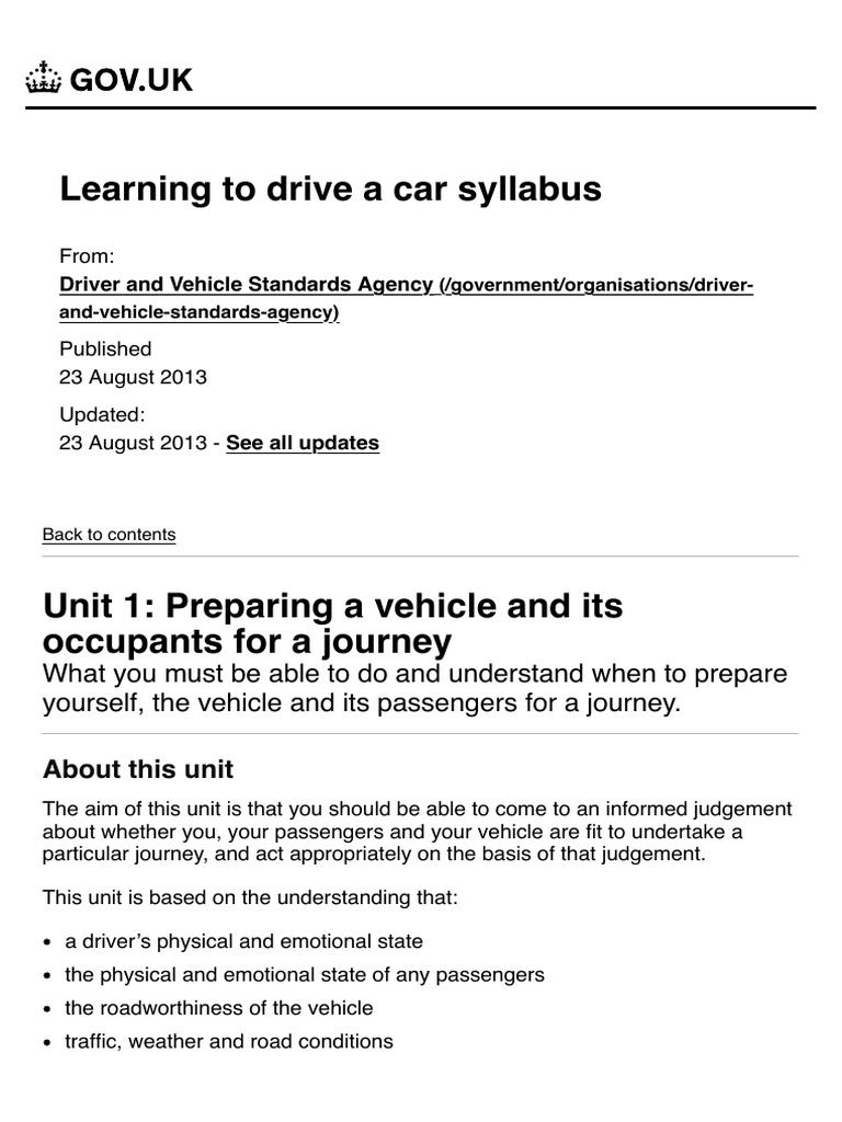 Learning To Drive A Car Syllabus - Unit 1 - Preparing A Vehicle and Its ...