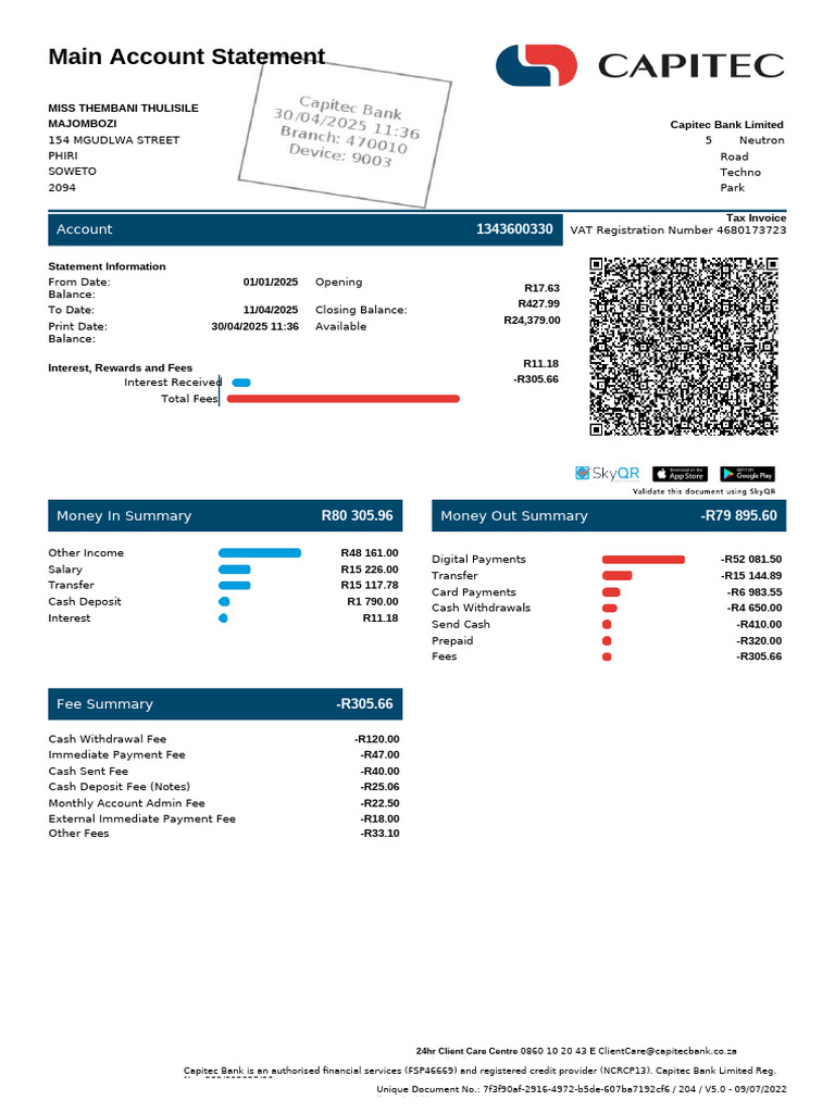 Capitec Bank Account Statement Summary | PDF | Cash | Payments