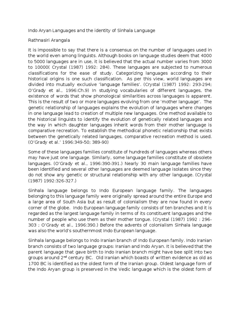Indo Aryan Languages and The Identity of Sinhala1 PDF Sanskrit Pali