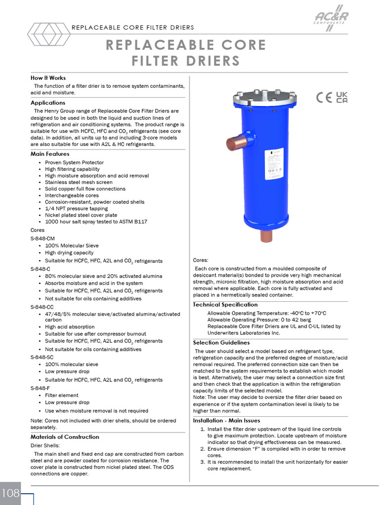 Replaceable Core Filter Drier | PDF | Filtration | Chlorofluorocarbon