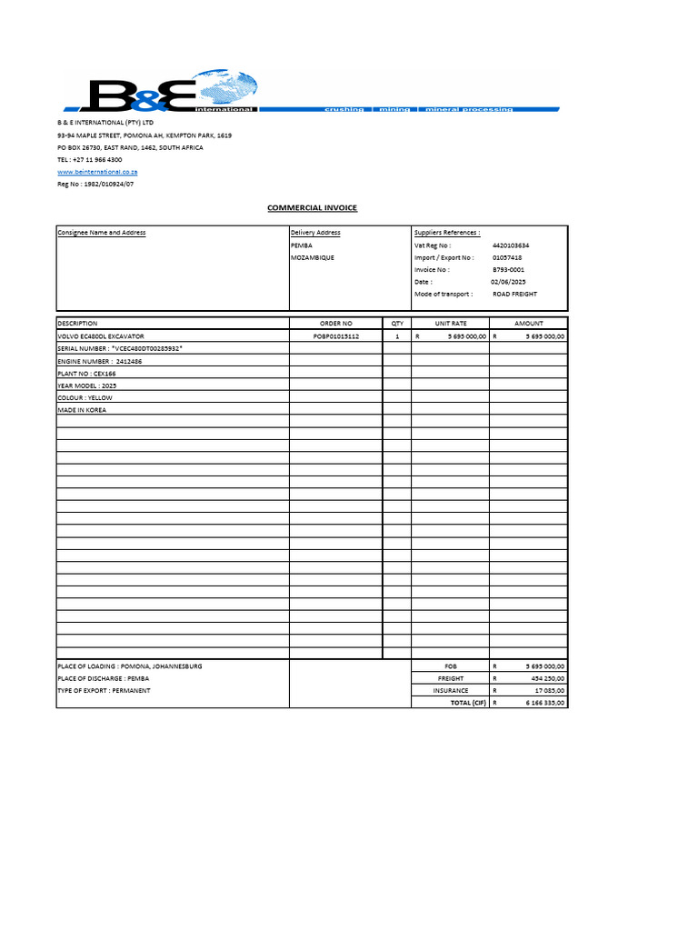 Invoice B793 for Excavator Export | PDF